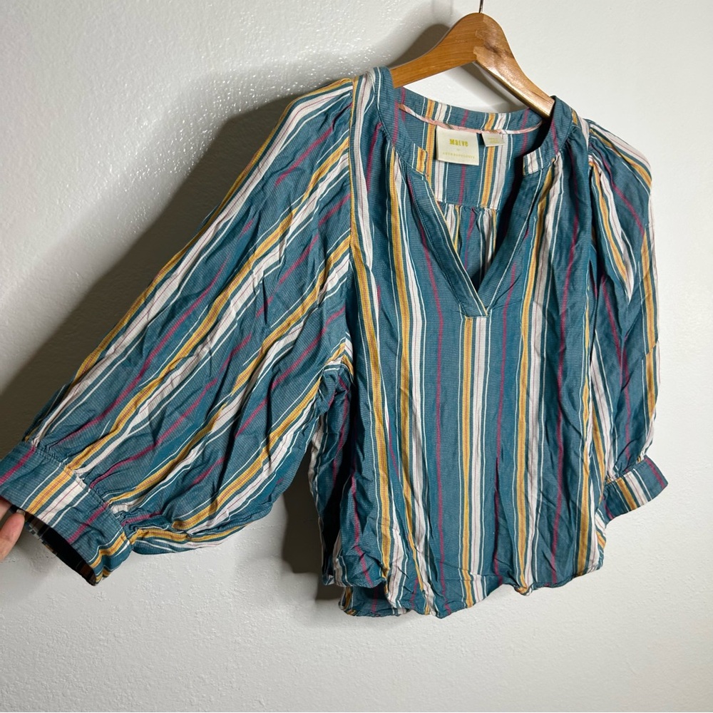 Anthropologie Maeve Teal Striped Oversized Balloon Sleeve Blouse Size Small - Picture 7 of 10